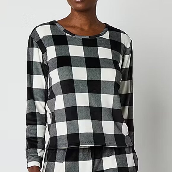 Pajamas Velour XL Set - Top Shorts Black White Buffalo Plaid PJS Pockets New - Picture 2 of 4